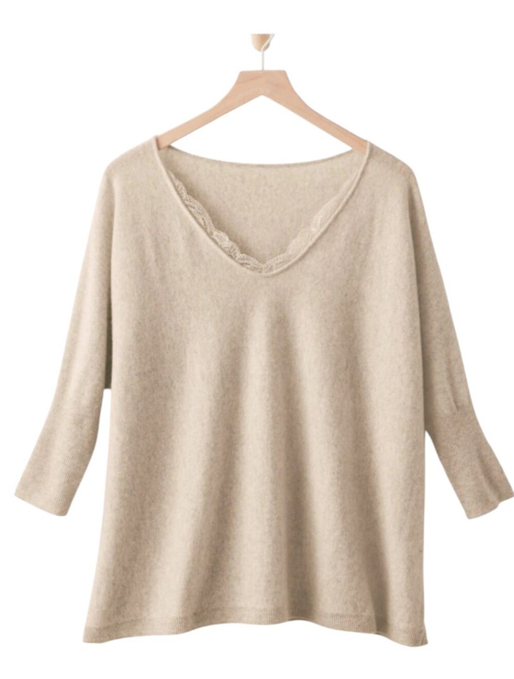 Garnet Hill Cashmere Lace Trimmed Oversized Boxy Sweater Oatmeal Size Medium